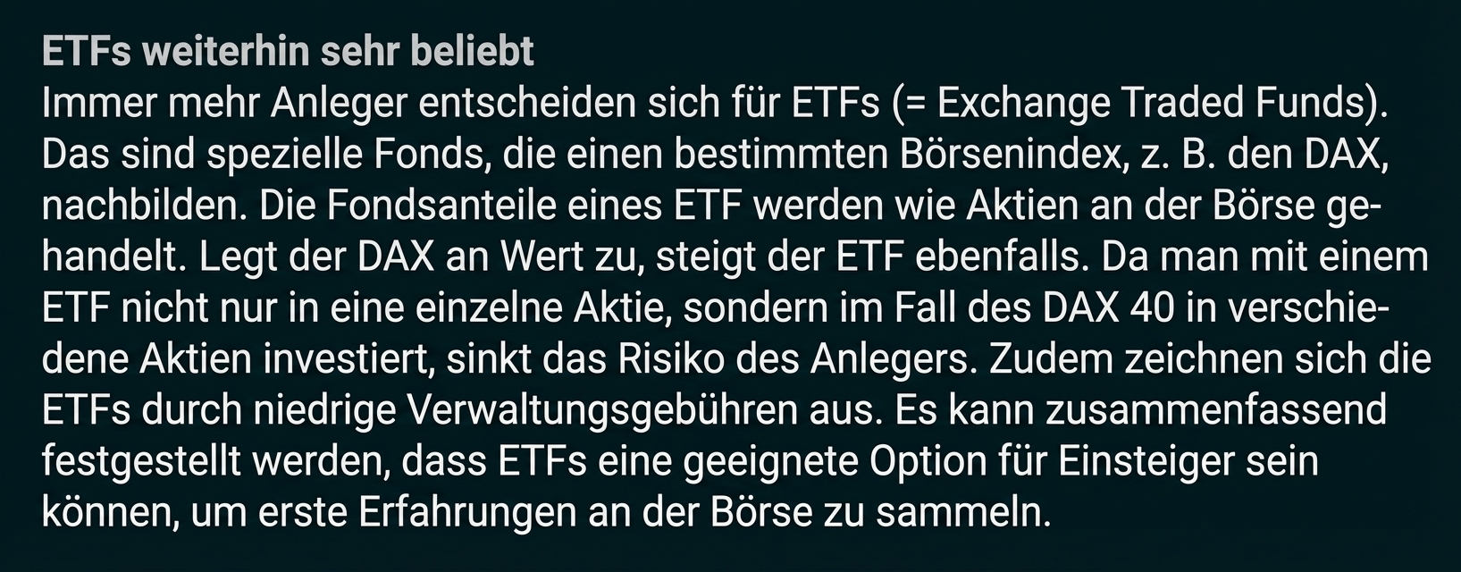 Artikel mit Überschrift 'ETFs weiterhin sehr beliebt' und kurzem Fließtext über ETFs, DAX und Vorteile.